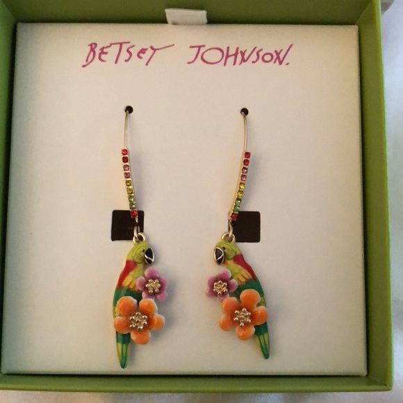 Betsey Johnson Gold Tone Rainbow Enamel Parrot & Flower Drop Earrings NIB - Picture 11 of 16